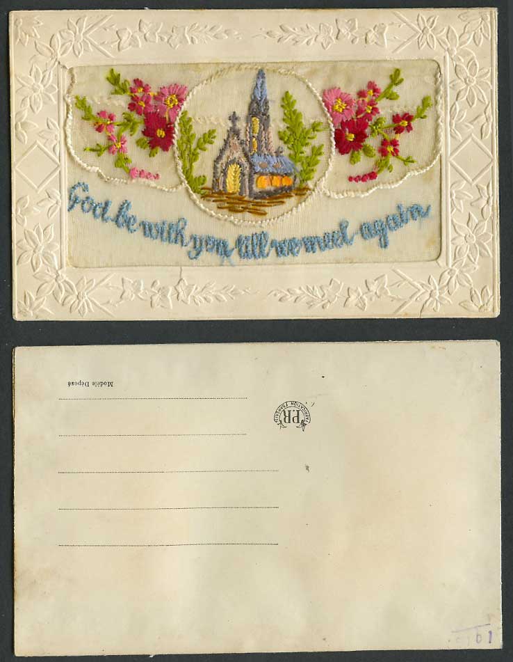 WW1 SILK Embroidered Old Postcard God Be With You Till We Meet Again Church P.R.