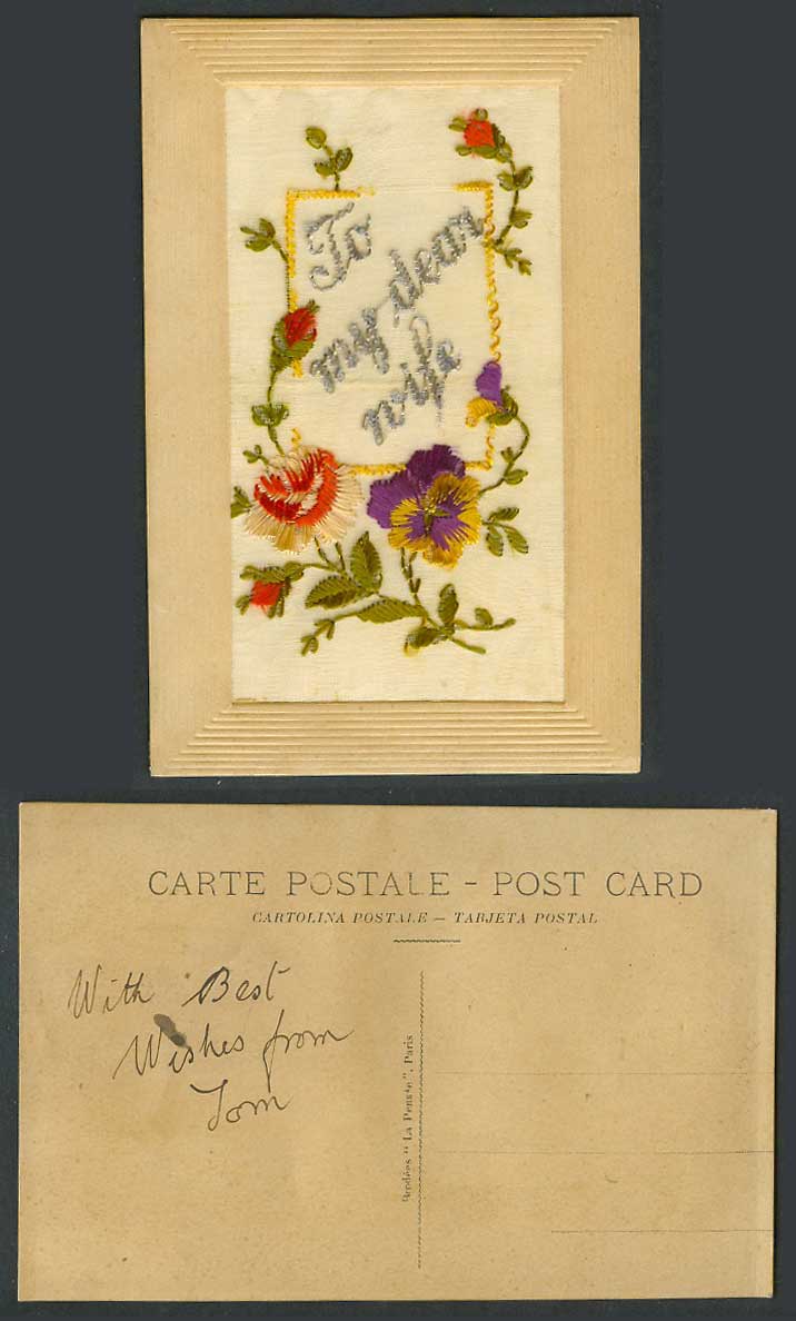 WW1 SILK Embroidered Old Postcard To My Dear Wife Pansy Flower Flowers La Pensee