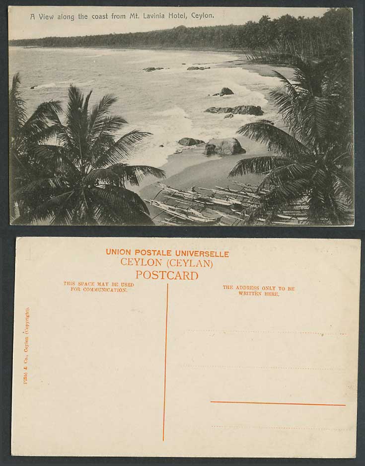 Ceylon Old Postcard View along The Coast from Mt Lavinia Hotel Beach Palms Boats