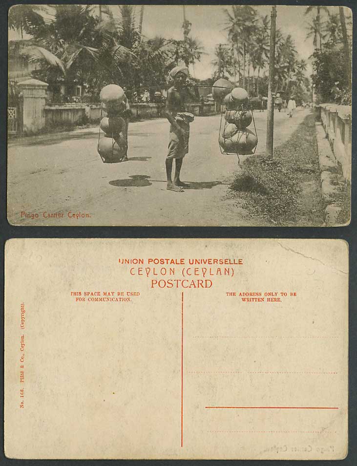 Ceylon Old Postcard Pingo Carrier Native Coolie Carrying Large Pots Street Scene
