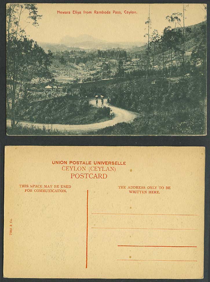 Ceylon Old Postcard Newara Nuwara Eliya from Ramboda Pass, Street Scene, Coolies
