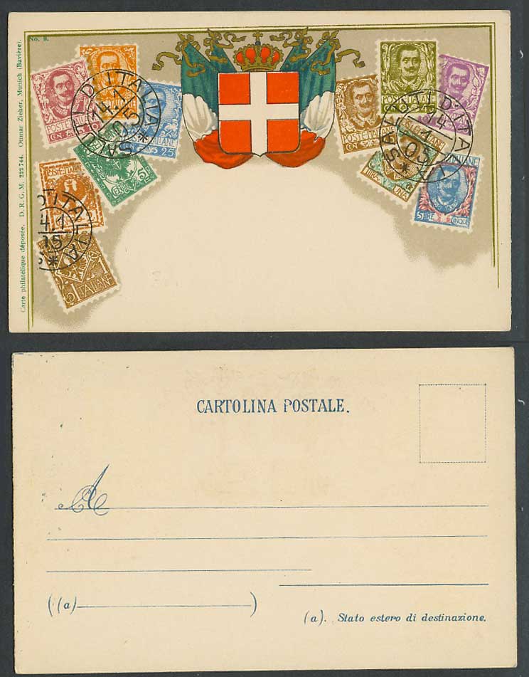 Italy Vintage Italian Stamps Coat of Arms Flags, Ottmar Zieher 1905 Old Postcard