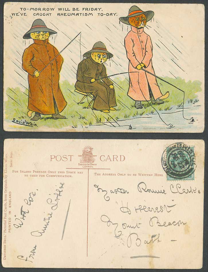 Louis Wain Artist Signed Cat Fishing Rain We Caught Rheumatism 1904 Old Postcard