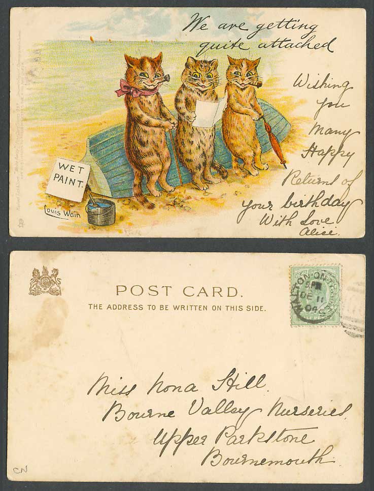 LOUIS WAIN Artist Signed Cats We Attached Wet Paint Write Away 1904 Old Postcard