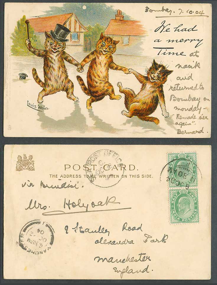 Louis Wain Artist Signed Cats We Had Merry Time, Write Away 1904 Old UB Postcard