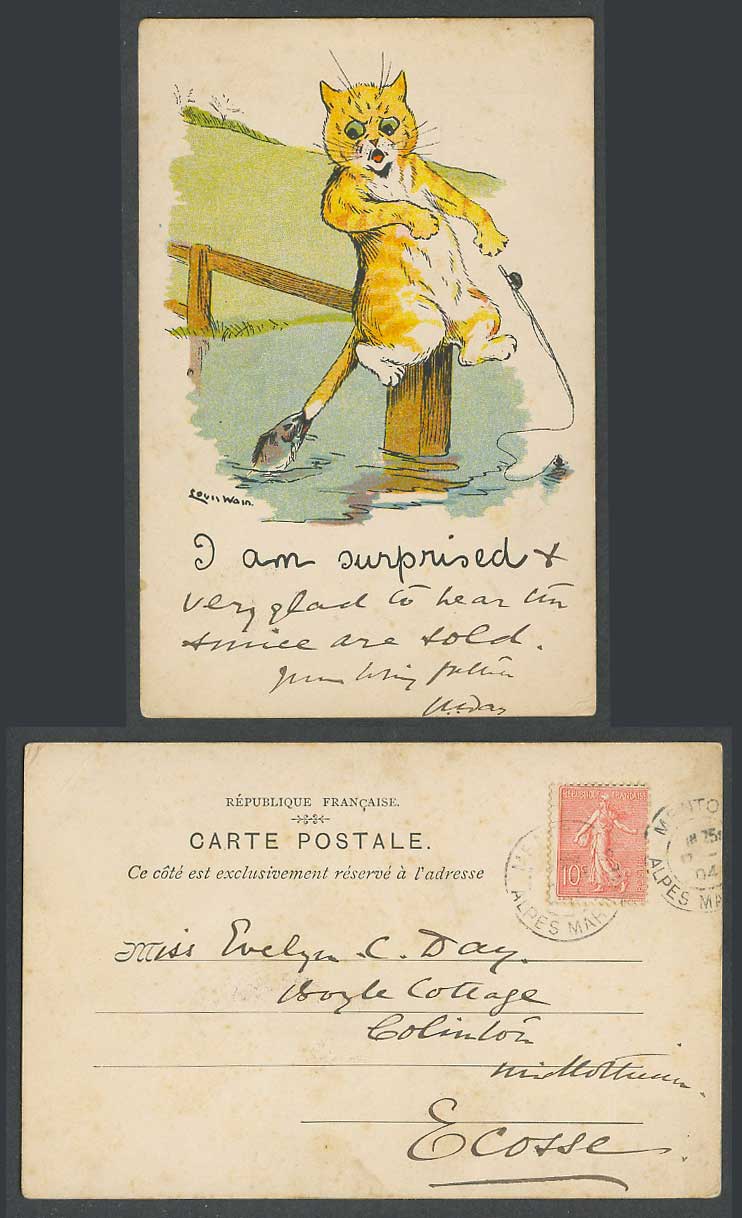 LOUIS WAIN Signed Cat, Fish Biting Tail Fishing I Am Surprised 1904 Old Postcard