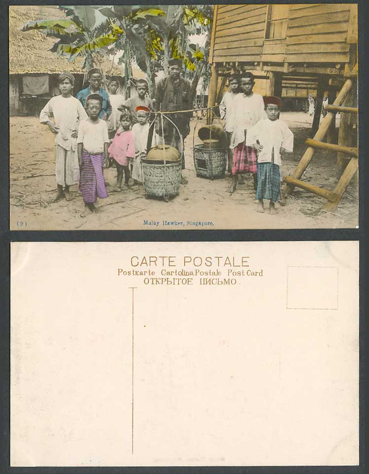 Singapore Old Hand Tinted Postcard Native Malay Hawker Children Houses Huts No.9