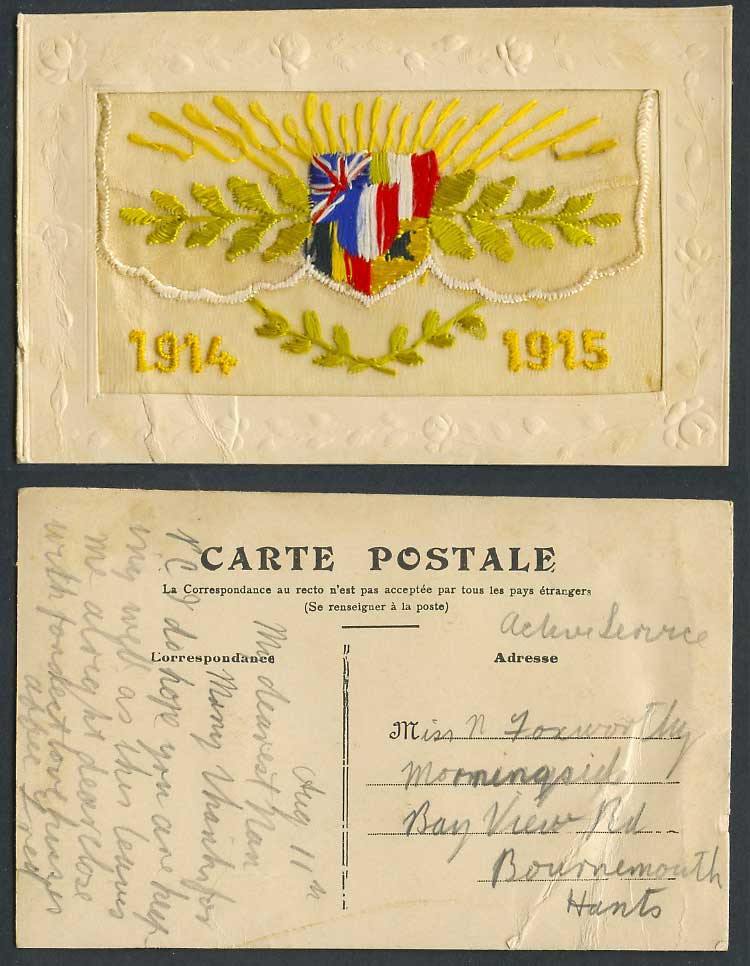WW1 SILK Embroidered 1914 1915 Old Postcard Flag Flags Coat of Arms Empty Wallet