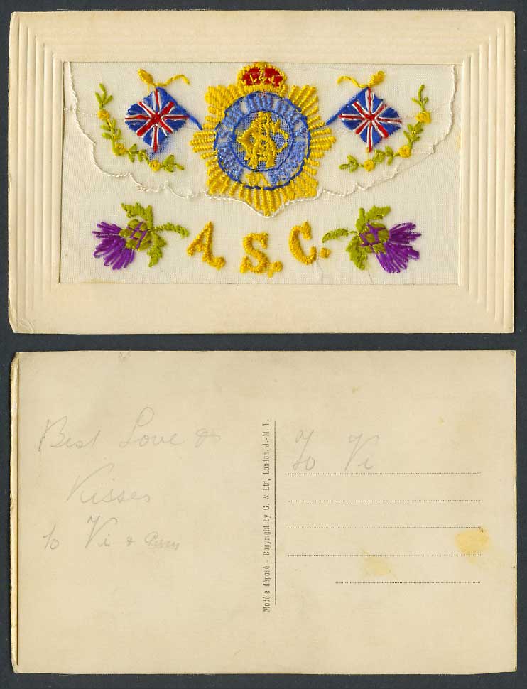 WW1 SILK Embroidered Old Postcard A.S.C. Army Service Corps Flags Thistle Wallet
