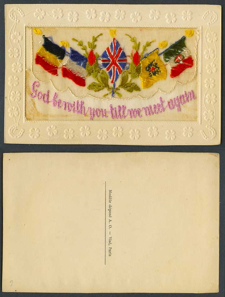 WW1 SILK Embroidered Old Postcard God Be With You Till We Meet Again Flag Wallet