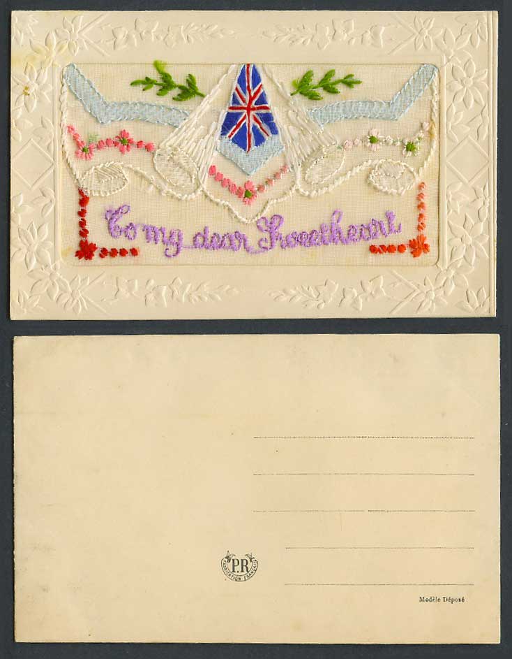 WW1 SILK Embroidered Old Postcard To My Dear Sweetheart Flowers Empty Wallet, PR