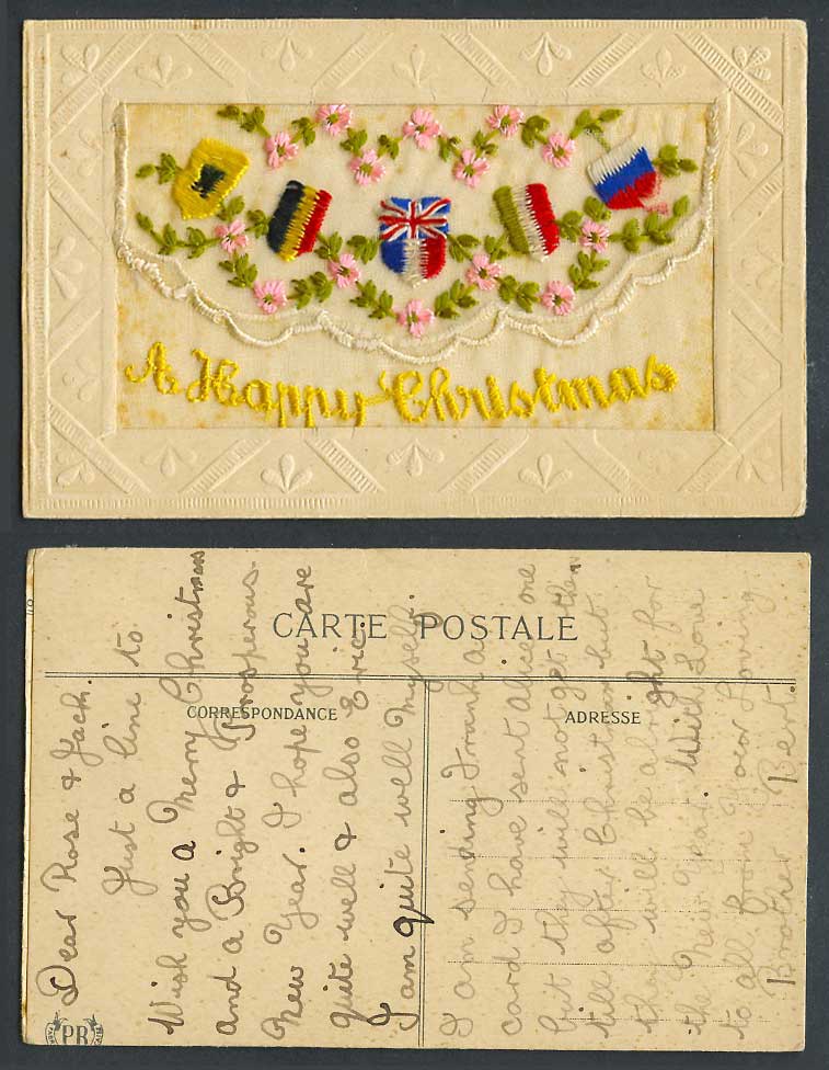 WW1 SILK Embroidered Old Postcard A Happy Christmas, Flags Flowers, Empty Wallet