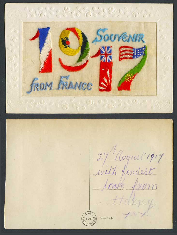 WW1 SILK Embroidered, Souvenir from France 1917 Old Postcard Flag Flags, Novelty