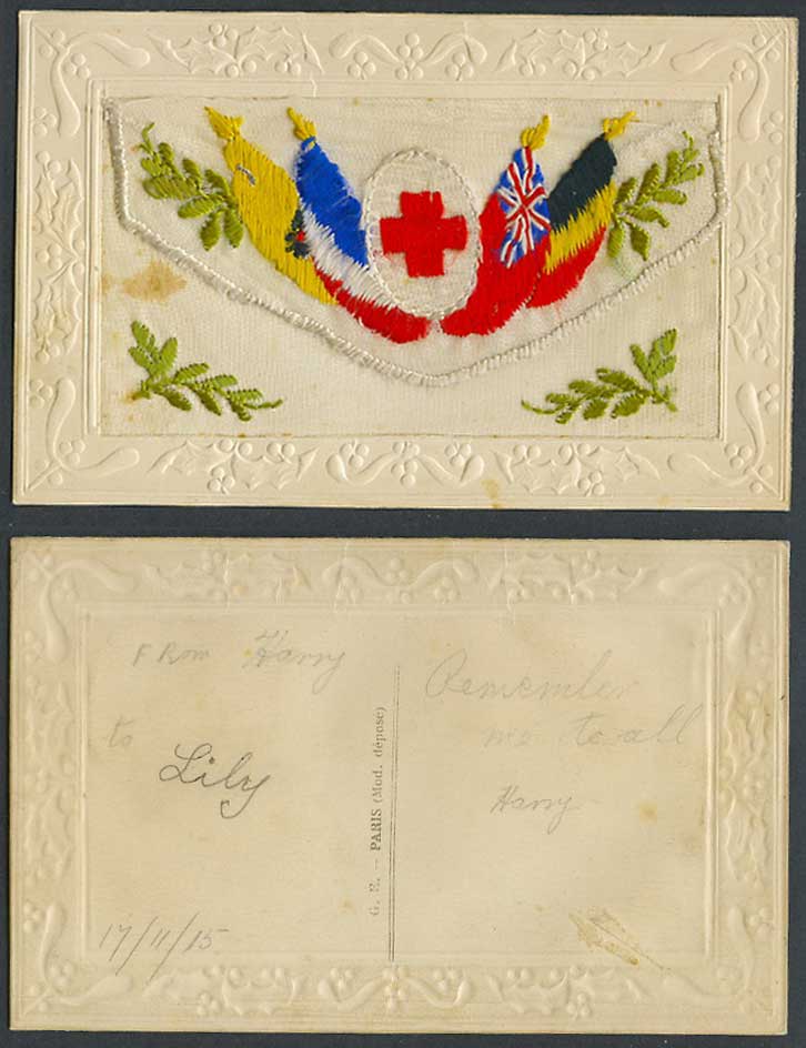 WW1 SILK Embroidered French 1915 Old Postcard Red Cross Flag Flags, Empty Wallet