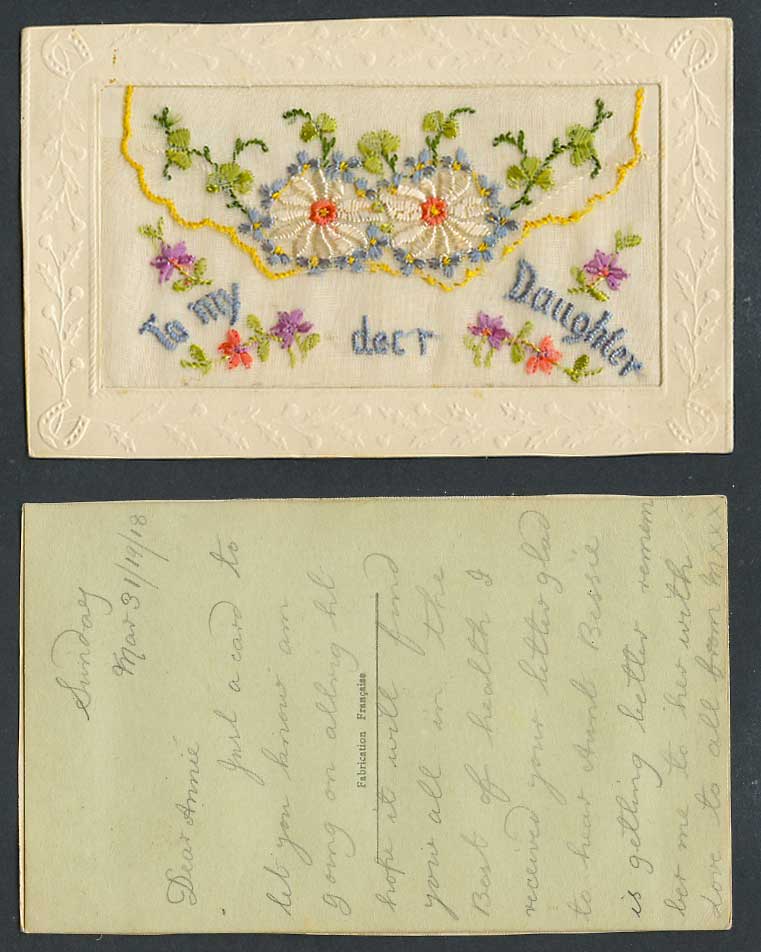 WW1 SILK Embroidered 1918 Old Postcard To My Dear Daughter, Flowers Empty Wallet