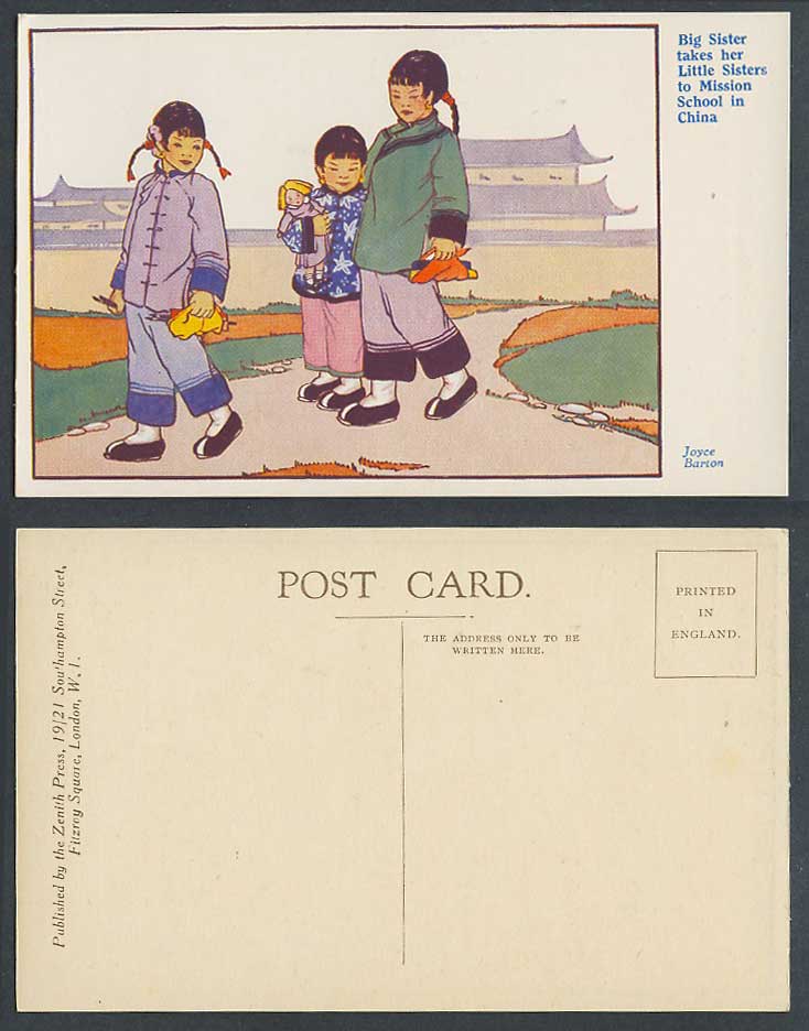 China Old Postcard Joyce Barton Big Sister Take Little Sisters to Mission School