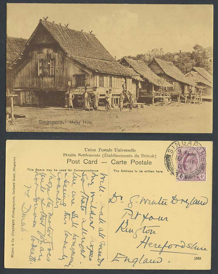 Singapore KE7 4c 1911 Old Postcard Malay Huts, Native Village Houses Stilts Boys