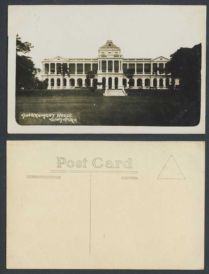 Singapore Old Real Photo Postcard Government House, Palm Trees Steps to Entrance