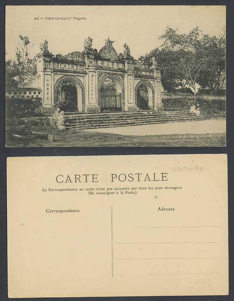 Indo-China Old Postcard Vinh Annam Pagode Pagoda Temple Steps Gate Gates Statues