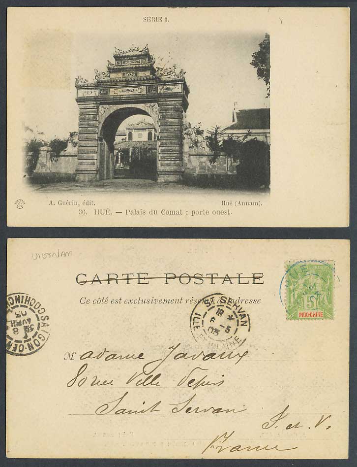 Indo-China 5c 1903 Old Postcard Annam Hue Palais du Comat Porte ouest, West Gate