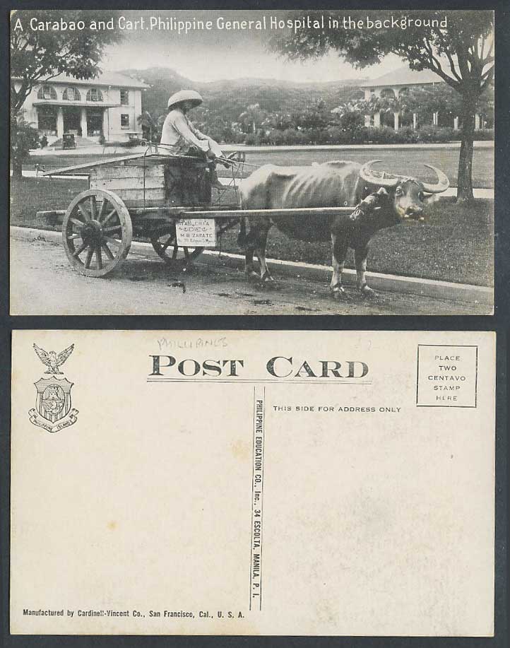 Philippines Old Postcard Philippine General Hospital, A Carabao & Cart MB Zarate