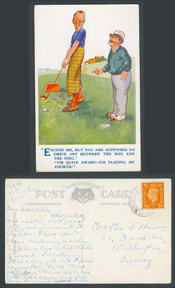 Golf Golfing Golfer Supposed to Drive Off Between Box and Disc 1941 Old Postcard