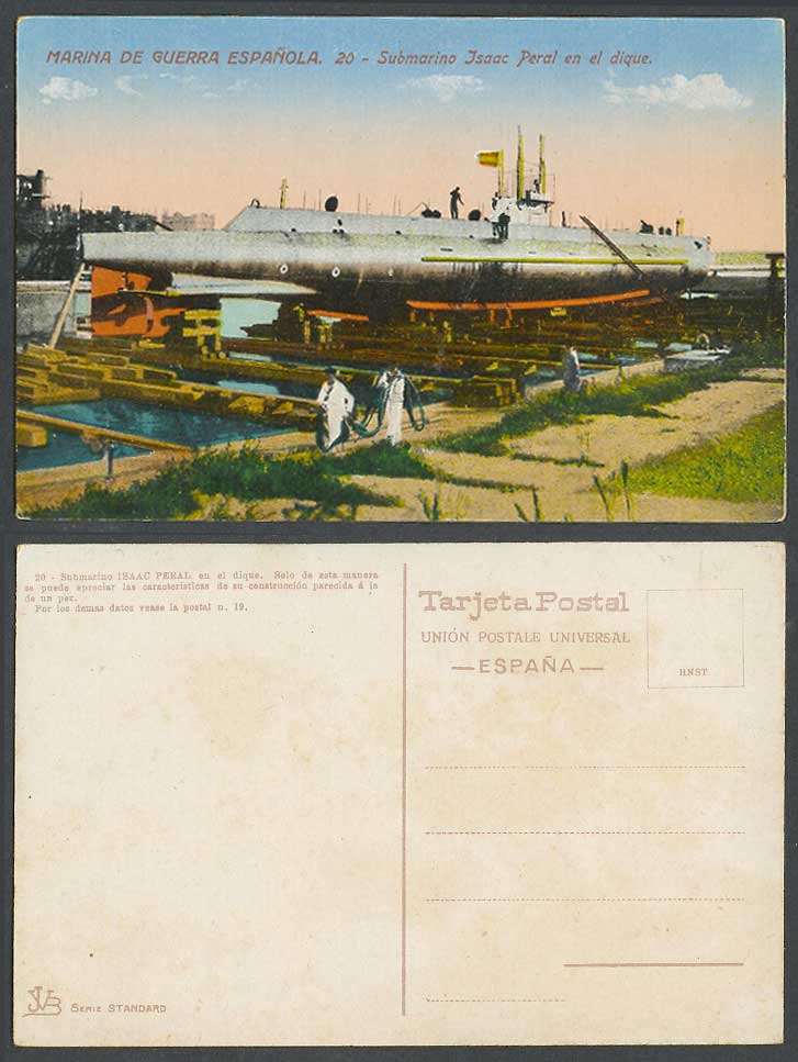 Submarine Isaac Peral en el Dique, Dike, Spanish Navy Marine Old Colour Postcard