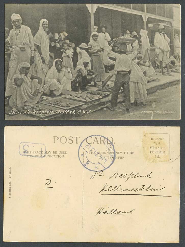 Trinidad 1912 Old Postcard Coolie Market Place B.W.I. Indian Hindu Women Sellers