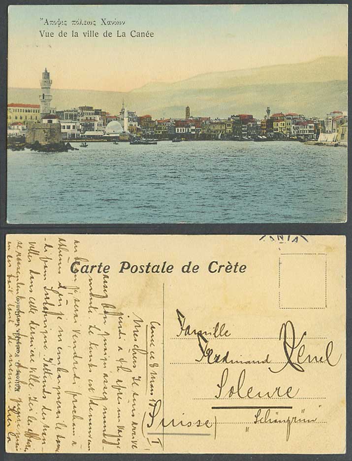 Greece 1913 Old H Tinted Postcard La Canee Canée Chania Crete Lighthouse Harbour