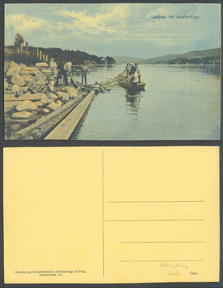 Sweden Old Postcard Laxfiske vid Indalselfven, Salmon Fishing, Indals River Boat