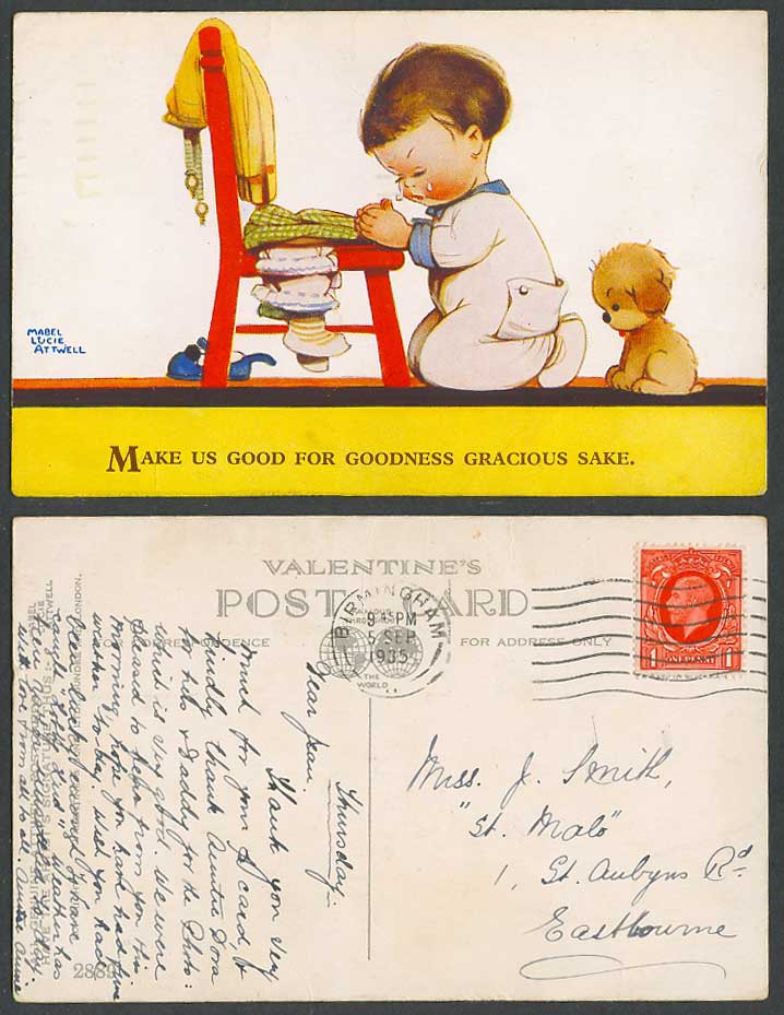 MABEL LUCIE ATTWELL 1935 Old Postcard Make Us Good for Gracious Sake. Dog N.2889