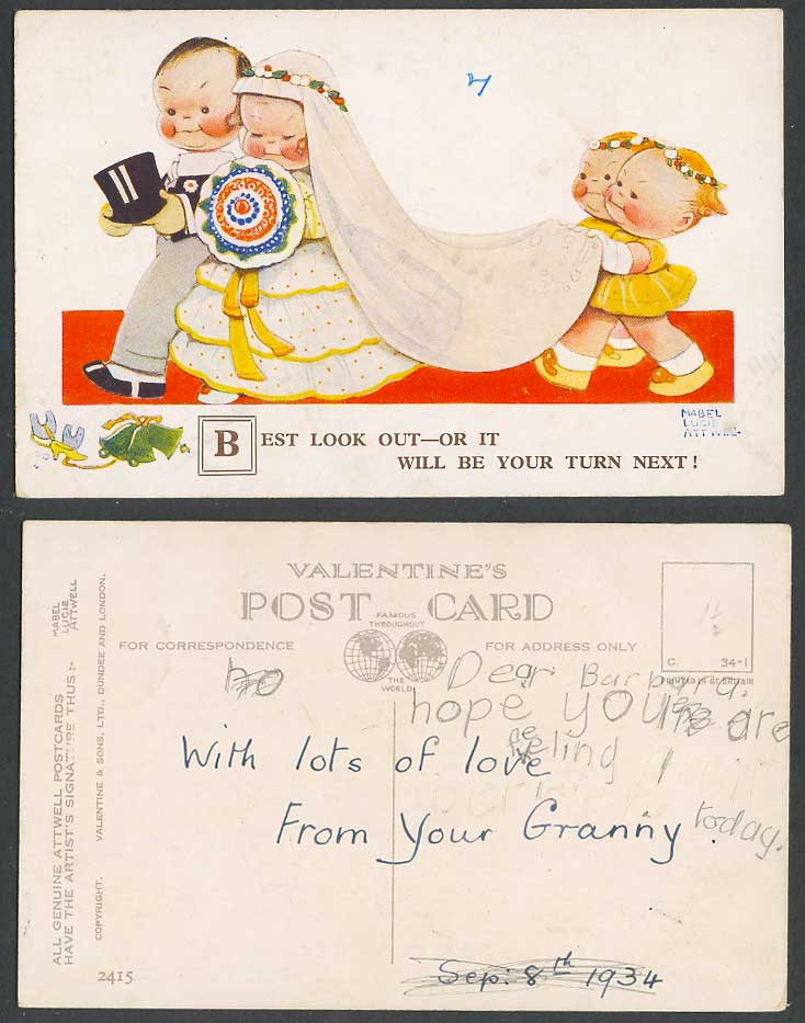 MABEL LUCIE ATTWELL 1934 Old Postcard Wedding Look Out Or Be Your Turn Next 2415