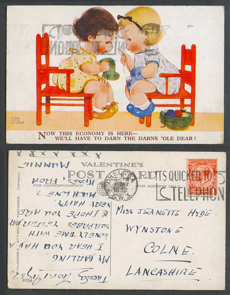 MABEL LUCIE ATTWELL 1932 Old Postcard Economy is Here We Darn the Darns Ole 2034