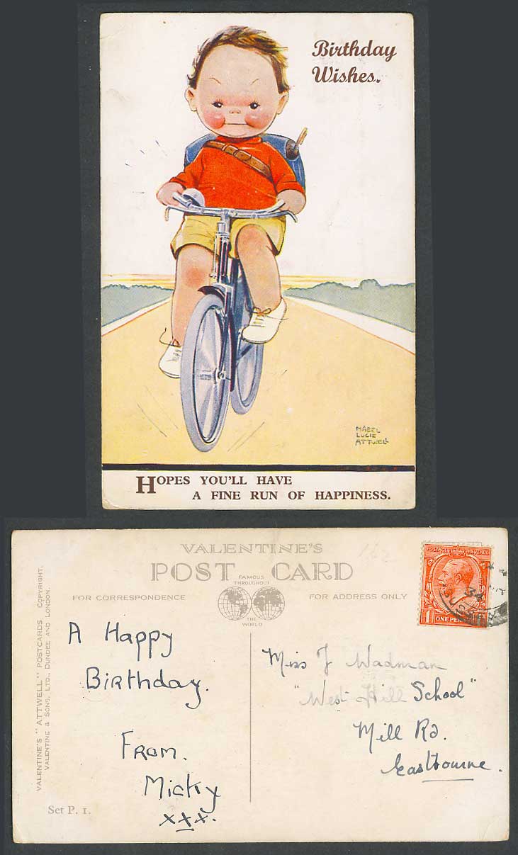 MABEL LUCIE ATTWELL 1934 Old Postcard Birthday, Cyclist Bicycle, Fine Run Set P1