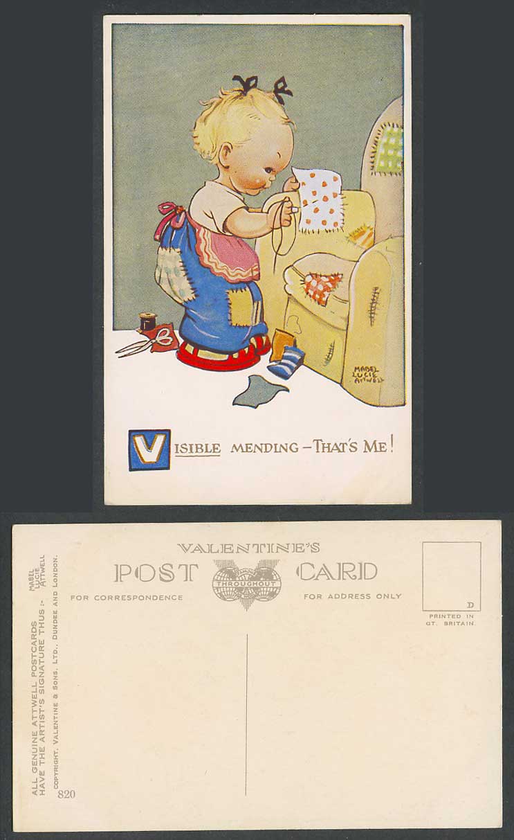 MABEL LUCIE ATTWELL Old Postcard Visible Mending - That's Me! Sewing Patches 820