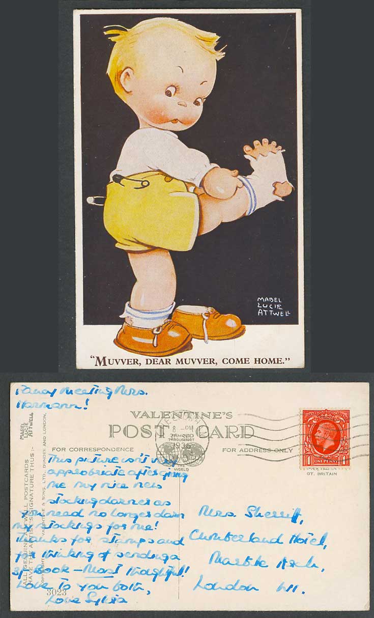 MABEL LUCIE ATTWELL 1936 Old Postcard Broken Sock, Dear Muvver, Come Home N.3023