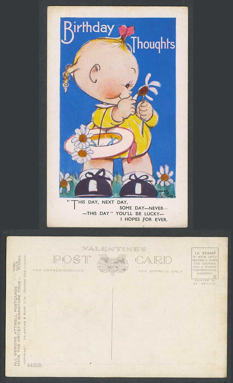 MABEL LUCIE ATTWELL Old Postcard Birthday Thoughts, U'll Be Lucky For Ever 4432B