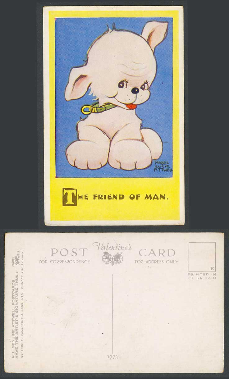 MABEL LUCIE ATTWELL Old Postcard The Friend of Man Dog Puppy Pet Animal No. 1773