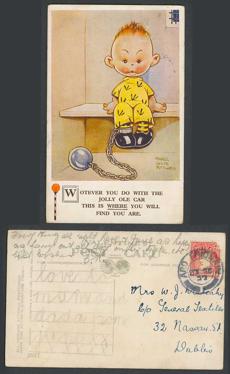 MABEL LUCIE ATTWELL 1937 Old Postcard Whatever You Do With Car, Jail Prison 2917