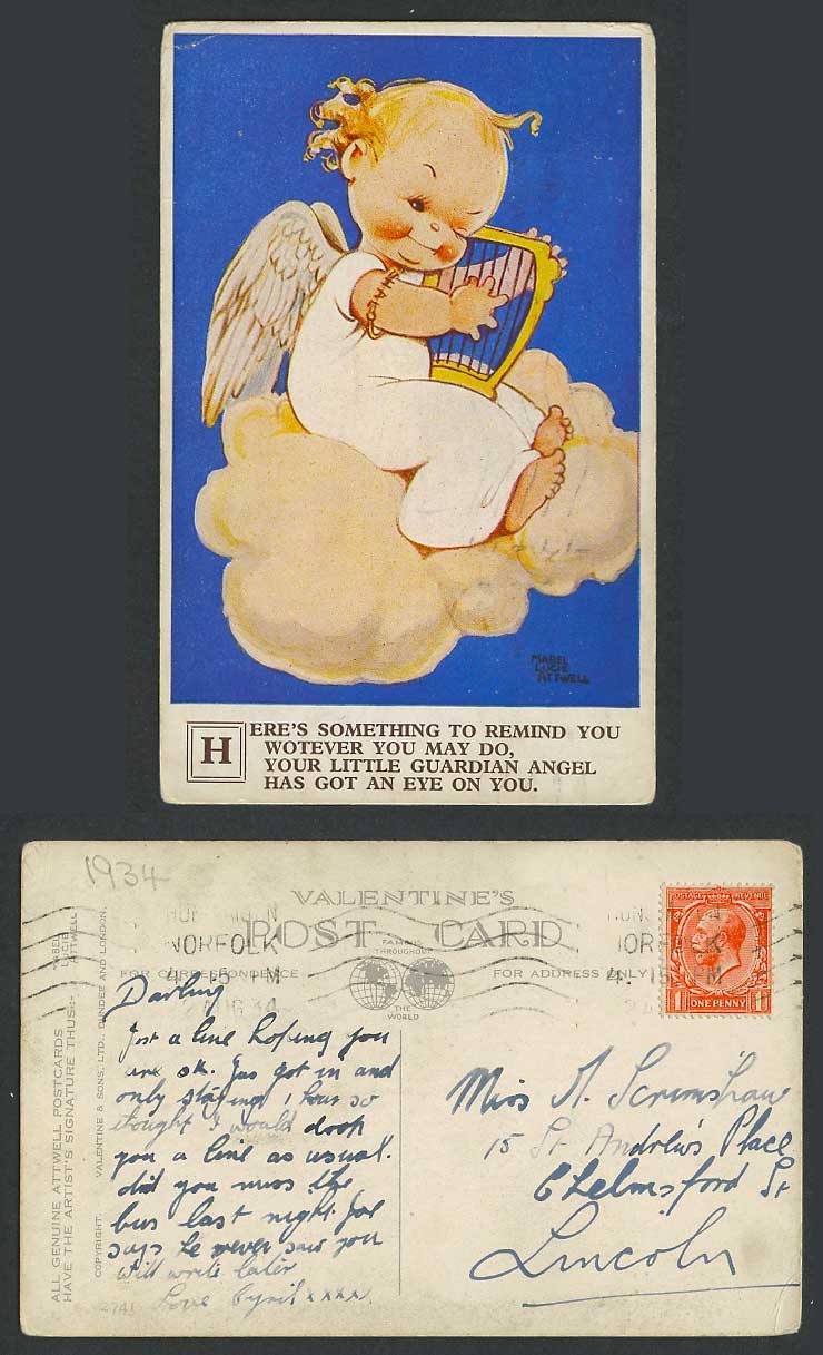 MABEL LUCIE ATTWELL 1934 Old Postcard Guardian Angel Got an Eye On U Harp N.2741