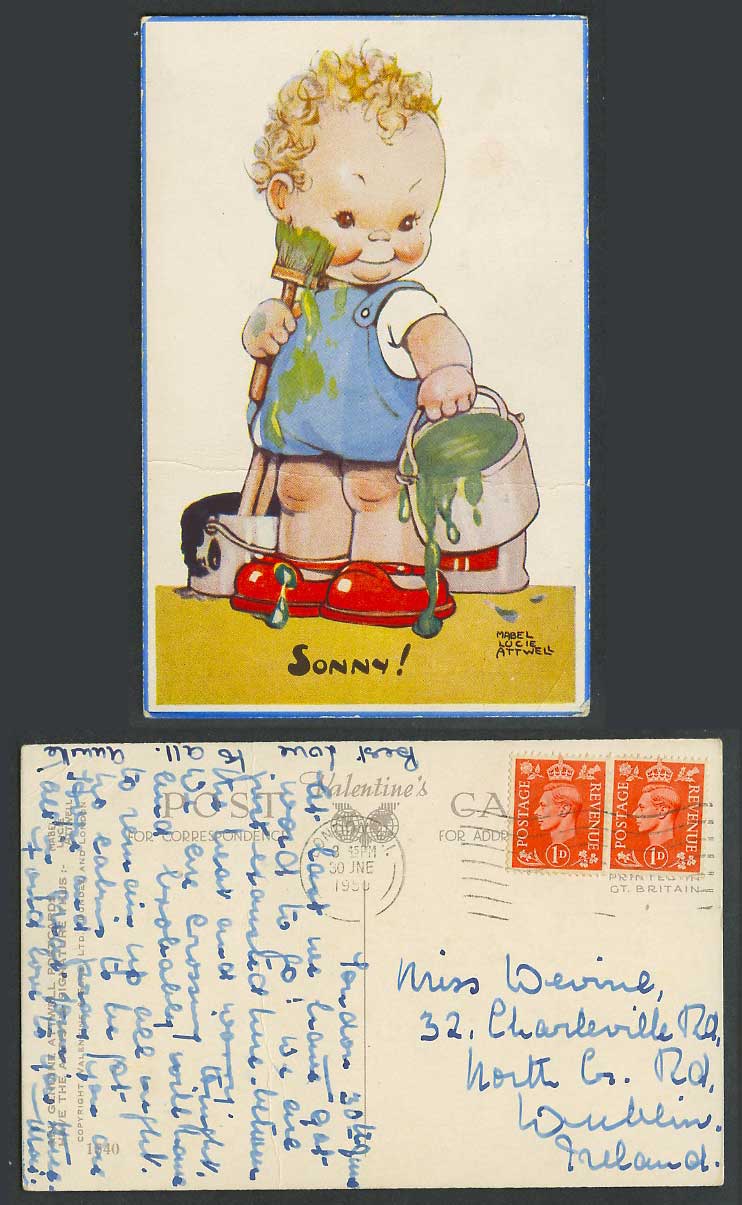 Mabel Lucie Attwell 1950 Old Postcard Sonny! Painter Green & Black Paints 1540