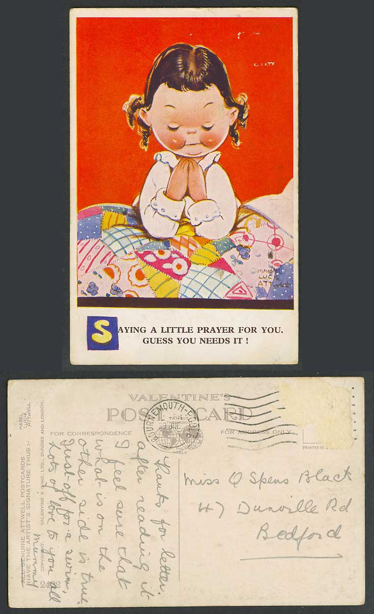 MABEL LUCIE ATTWELL 1936 Old Postcard Saying a Prayer for You Guess Need It 2422