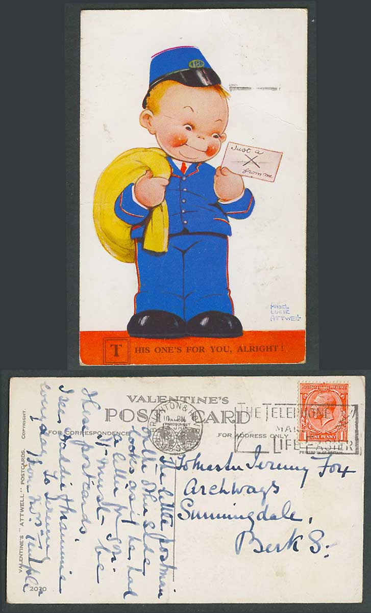 MABEL LUCIE ATTWELL 1932 Old Postcard Postman, This One's For You 2030 Telephone