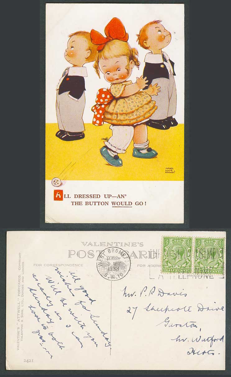 MABEL LUCIE ATTWELL 1933 Old Postcard All Dressed Up and Button Would Go No.2421