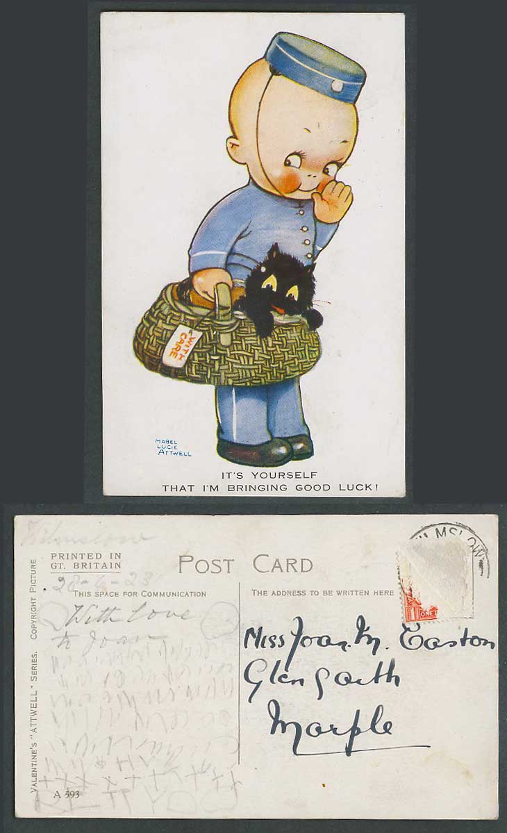 MABEL LUCIE ATTWELL 1923 Postcard Porter, Black Cat Kitten, Bring Good Luck A593