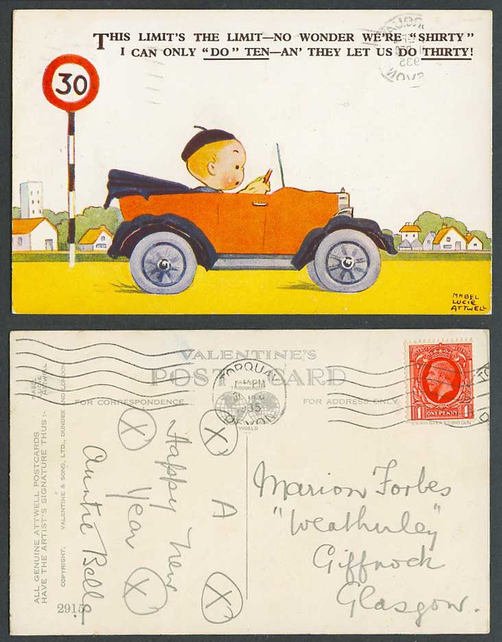 Mabel Lucie Attwell 1935 Old Postcard Speed Limit 30 We're Motor Car Shirty 2915