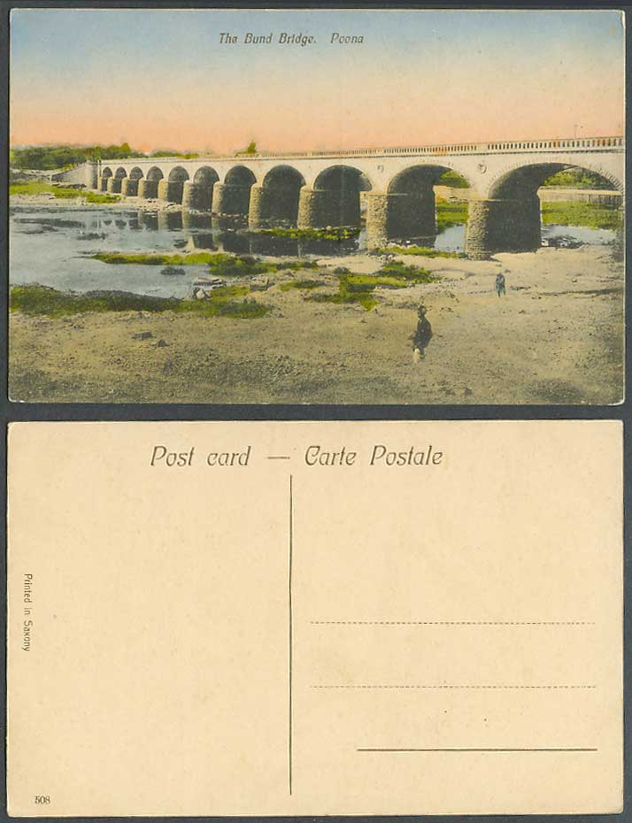 India Old Hand Tinted Postcard THE BUND BRIDGE POONA Maharashtra River Scene 508