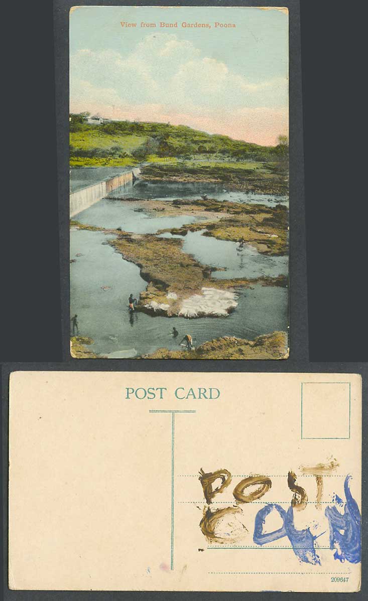 India Old Colour Postcard View from Bund Gardens Dhobies Washermen Men Waterfall