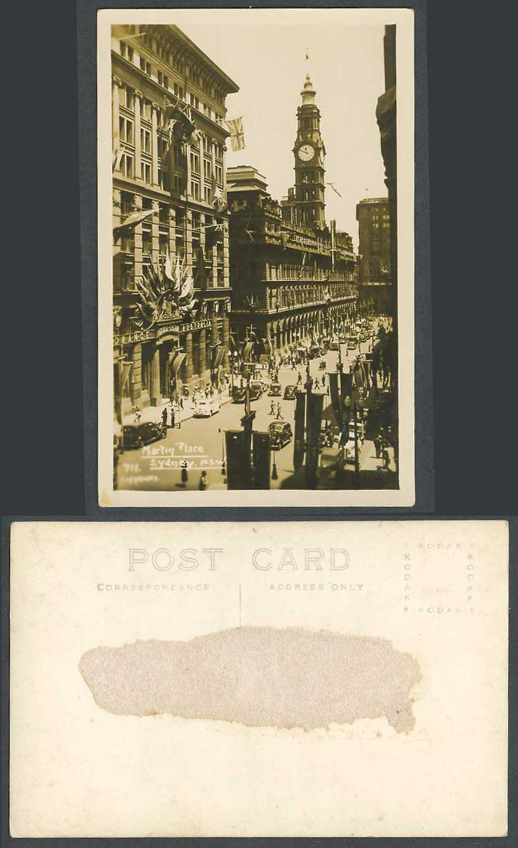 Australia Old Real Photo Postcard Martin Place Sydney, Street Scene, Clock Tower