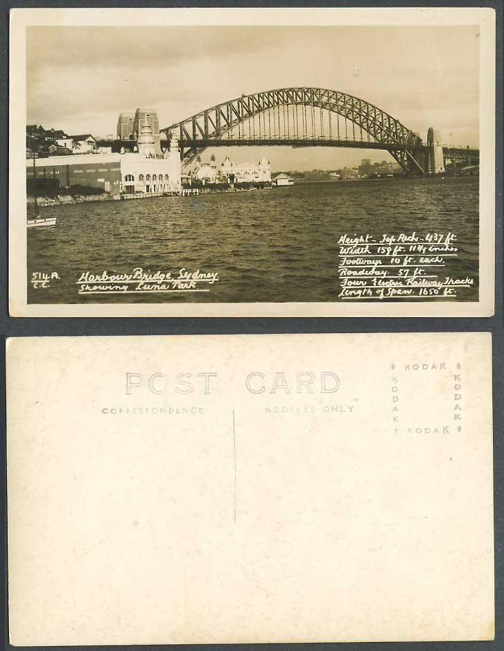 Australia Old Real Photo Postcard Harbour Bridge Sydney Showing Lunar Park N.S.W
